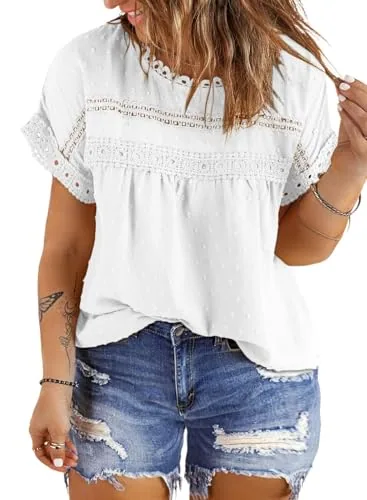 Lace Crew Neck Short Sleeve Blouse, White