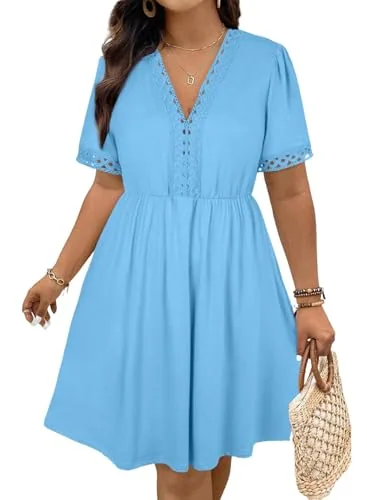 Lace V Neck Short Sleeve Mini Dress, Light Blue