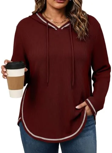 Drawstring V Neck Long Sleeve Hoodie III, Red Dahlia