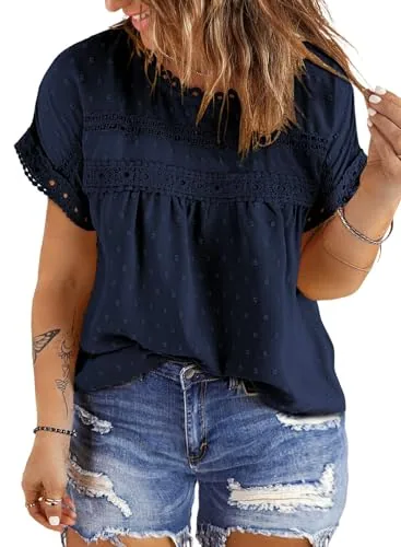Lace Crew Neck Short Sleeve Blouse, Navy Blue