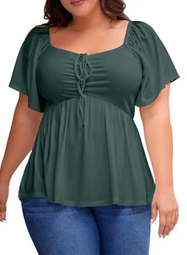 Sweetheart Neck Short Sleeve Loose Peplum Top, Sea Green