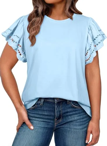 Round Neck Short Sleeve Blouse, Sky Blue