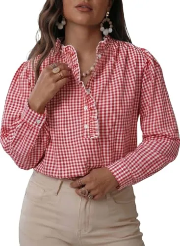 Plaid Collared Long Sleeve Top, Fiery Red