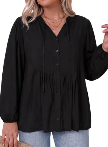 V Neck Long Sleeve Tie Waist Shirt, Black