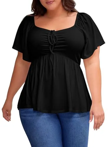 Sweetheart Neck Short Sleeve Loose Peplum Top, Black