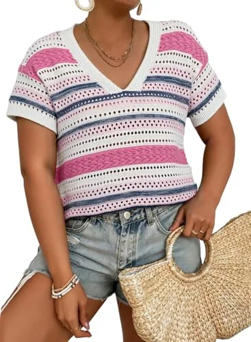 Striped V Neck Short Sleeve Sweater, Pink