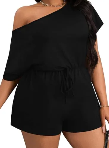 Off the Shoulder Short Sleeve Loose Romper, Black