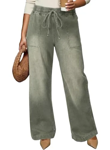 High Waist Wide Leg Jeans III, Jungle Green