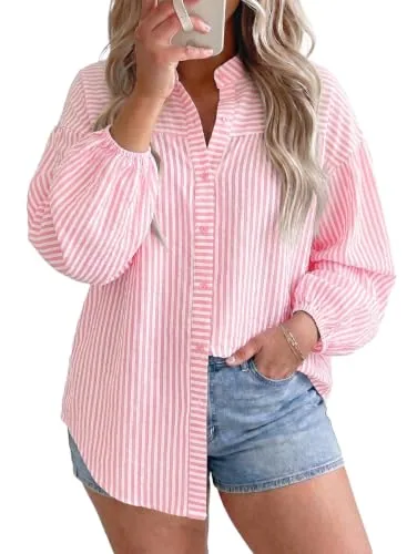 Striped Collared Long Sleeve Shirt, Pink