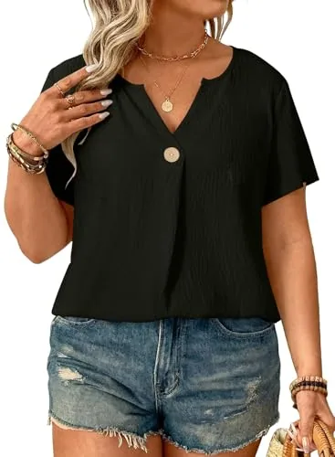 V Neck Short Sleeve Loose Blouse III, Black