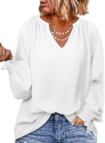 Chiffon V Neck Long Sleeve Smocked Top, White