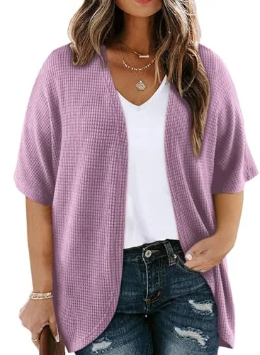 Waffle Knit Short Sleeve Kimono Cardigan, Purple