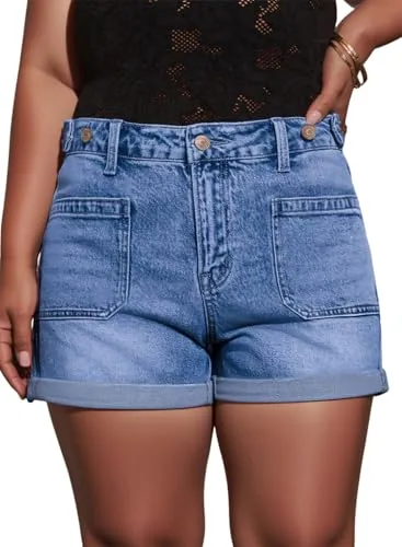 Denim High Waist Straight Leg Shorts, Ashleigh Blue