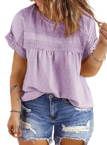 Lace Crew Neck Short Sleeve Blouse, Purple