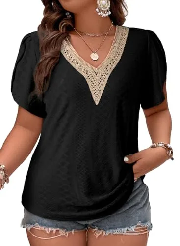 Lace V Neck Short Sleeve Blouse III, Black