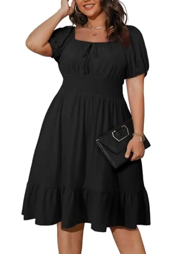 Square Neck Short Sleeve Flowy Mini Dress, Black