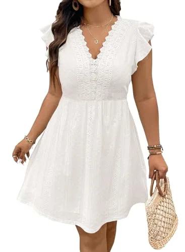 Lace V Neck Cap Sleeve Dress, White