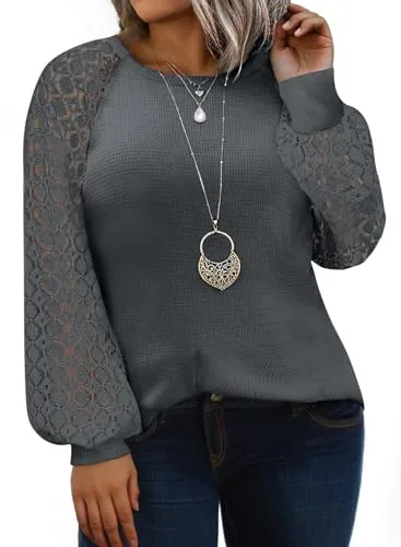 Lace Crew Neck Long Sleeve Top, Gray 1011
