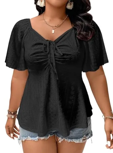 Lace Sweetheart Neck Short Sleeve Peplum Top, Black