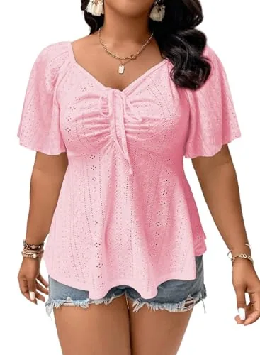 Lace Sweetheart Neck Short Sleeve Blouse, Light Pink