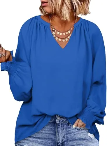V Neck Long Sleeve Smocked Shirt, Bluing