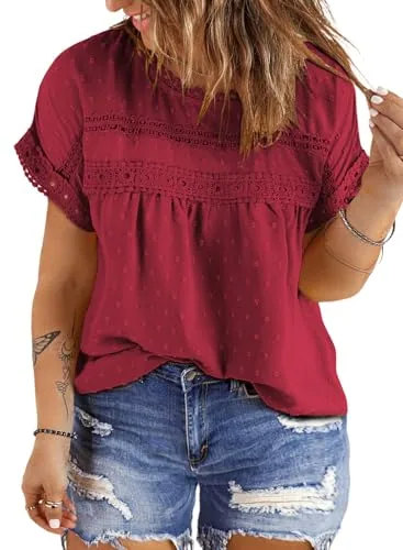 Chiffon Crew Neck Short Sleeve Blouse, Red Dahlia
