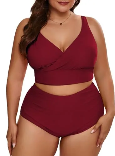 Colour Block High Waist Bikini Set, Burgundy