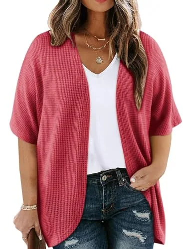 Waffle Knit Short Sleeve Kimono Cardigan, Red