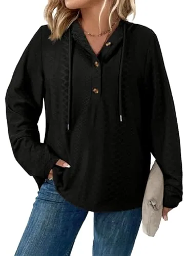 V Neck Long Sleeve Drawstring Sweatshirt II, Black