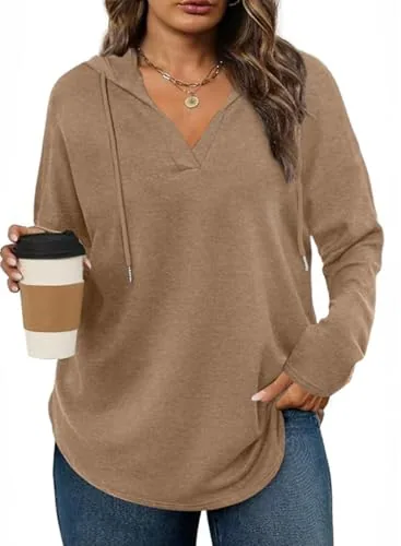 V Neck Long Sleeve Drawstring Sweatshirt, Brown