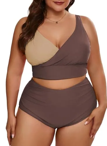 Colour Block High Waist Bikini Set, Dark Brown