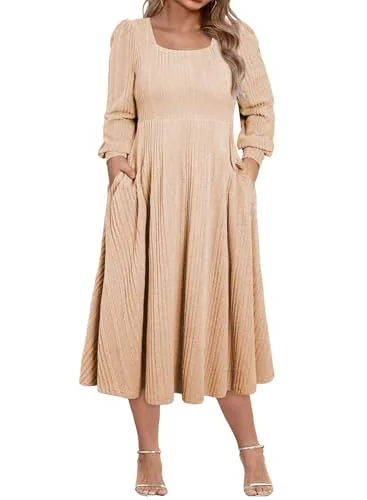 Square Neck Long Sleeve Flowy Midi Dress, Khaki