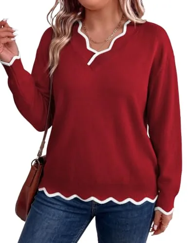 V Neck Long Sleeve Sweater, Racing Red