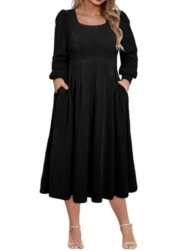 Square Neck Long Sleeve Flowy Midi Dress, Black