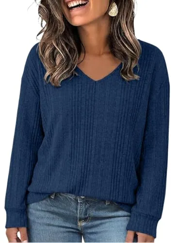 V Neck Long Sleeve Blouse V, Dark Blue