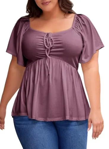 Sweetheart Neck Short Sleeve Smocked Peplum Top, Purple