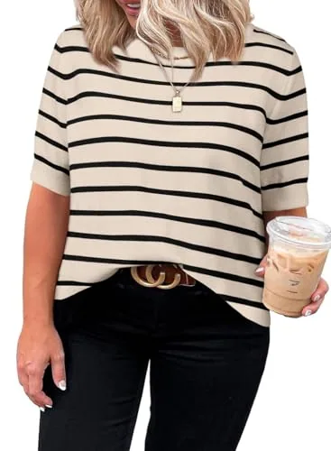 Striped Crew Neck Short Sleeve Sweater, Black