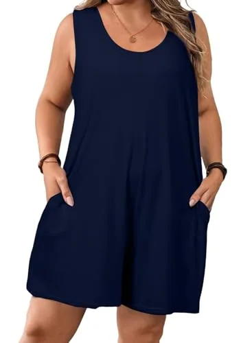 Crew Neck Sleeveless Romper, Navy Blue