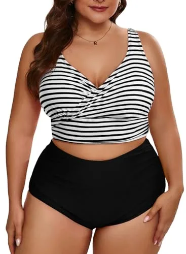 Striped High Waist Bikini Set, Striped