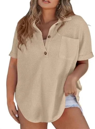 Waffle Knit V Neck Short Sleeve Blouse, Light French Beige