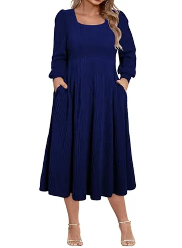 Square Neck Long Sleeve Sweater Dress, Navy Blue