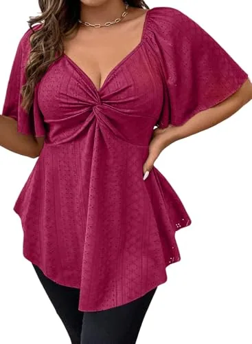 Lace V Neck Short Sleeve Peplum Top, Bright Pink