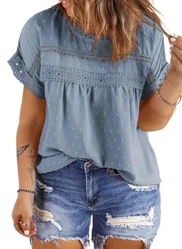 Lace Crew Neck Short Sleeve Blouse, Sky Blue