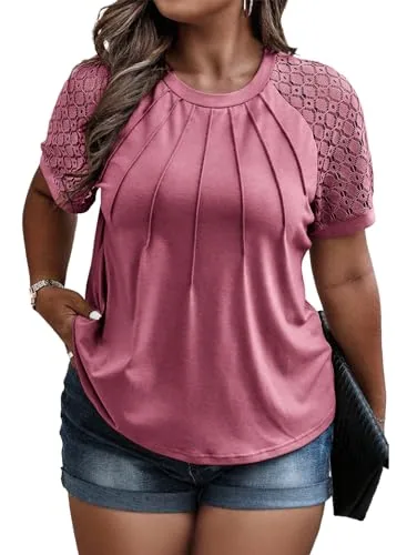 Lace Crew Neck Short Sleeve Loose Blouse, Rose Tan