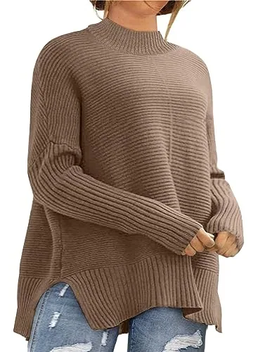 Crew Neck Oversized Pullover Sweater, Brown