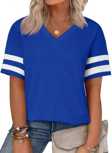 Striped V Neck Short Sleeve Tee, Blue