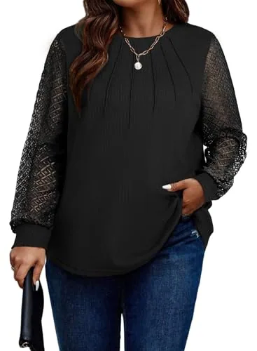 Waffle Knit Crew Neck Long Sleeve Tee, Black