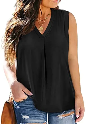 Chiffon V Neck Sleeveless Flowy Tank Top, Black