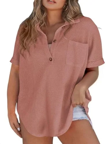 Waffle Knit V Neck Short Sleeve Blouse, Dusty Pink
