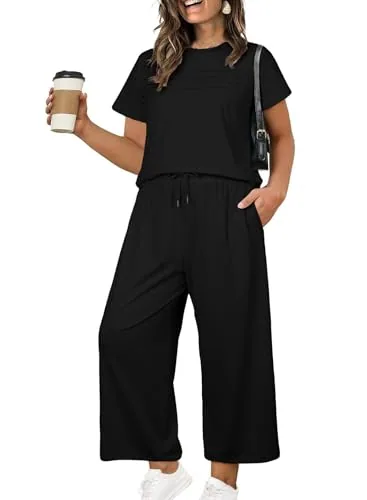 Drawstring Wide Leg Lounge Set, Black
